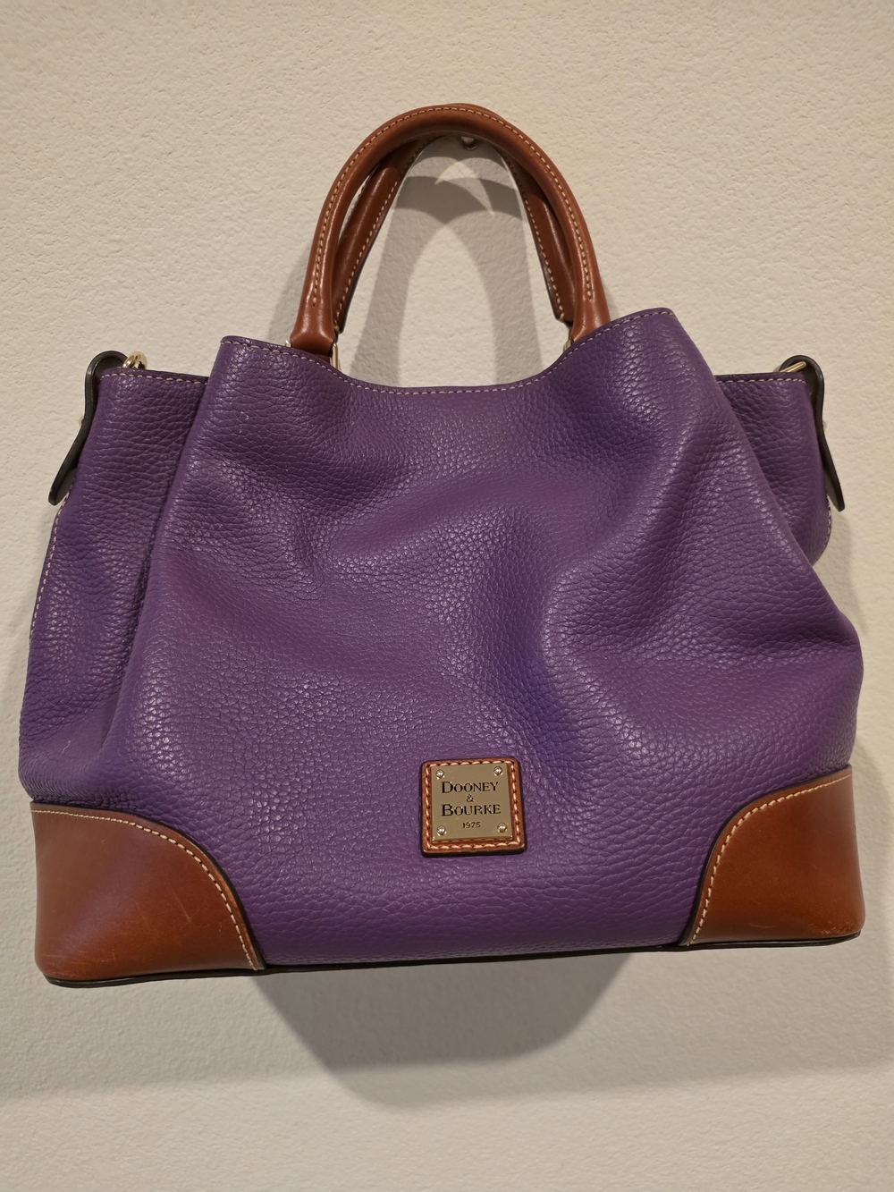 Dooney & Bourke Purple Pebbled Leather Tote with Brown Trim